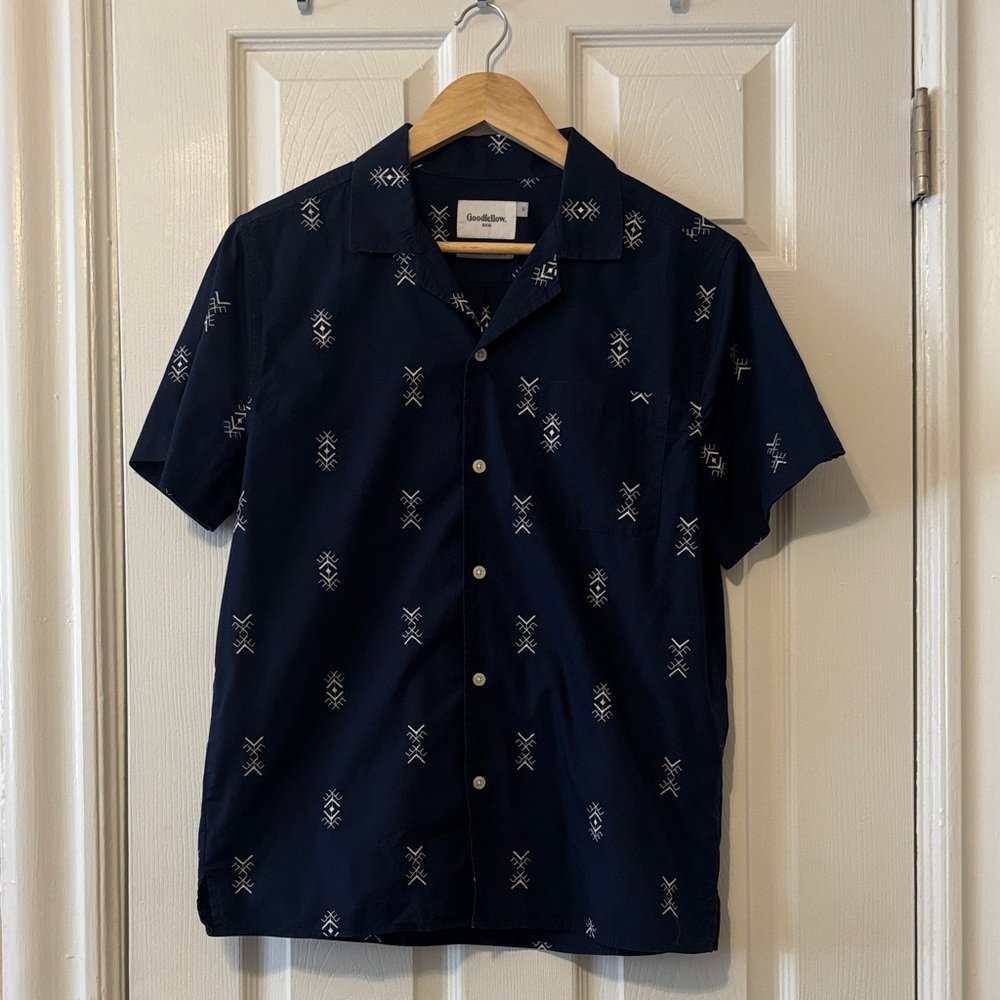 Goodfellow & Co Men's Cotton Guayabera Dark Blue Geometric Shirt